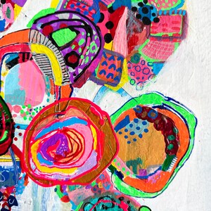 May include: Abstract painting with bright colours and bold shapes. The painting features a variety of colours, including pink, yellow, green, blue, and orange. The shapes are organic and flowing, creating a sense of movement and energy.