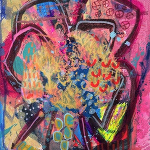 May include: Abstract painting with a pink, yellow, blue, green, and black color scheme. The painting features a large, abstract shape in the center, surrounded by smaller shapes and lines.