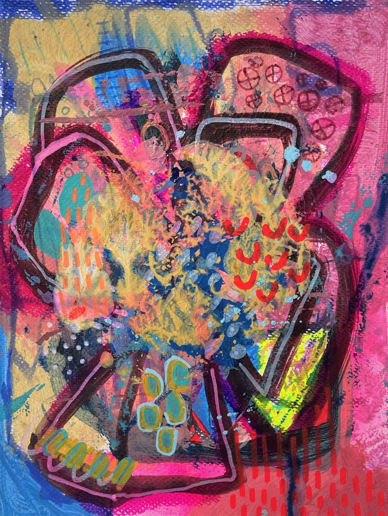 May include: Abstract painting with a pink, yellow, blue, green, and black color scheme. The painting features a large, abstract shape in the center, surrounded by smaller shapes and lines.