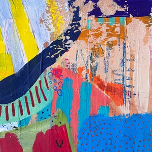 May include: Abstract painting with bold strokes of yellow, blue, red, green, and orange. The painting has a textured surface and a variety of patterns, including stripes, dots, and swirls.