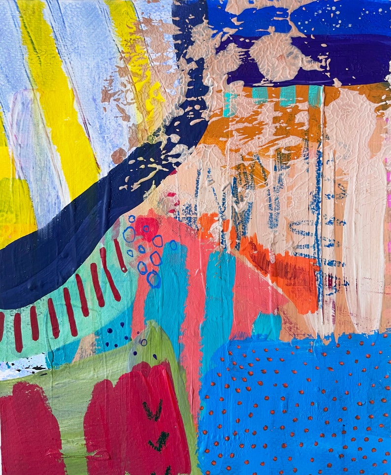 May include: Abstract painting with bold strokes of yellow, blue, red, green, and orange. The painting has a textured surface and a variety of patterns, including stripes, dots, and swirls.