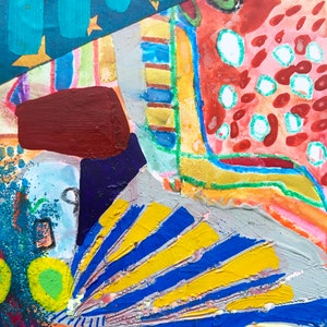 May include: Abstract painting with a colorful, layered, and textured style. The painting features a variety of shapes, lines, and colors, including blue, yellow, red, green, and white. The painting is created with a variety of mediums, including paint, glitter, and collage.