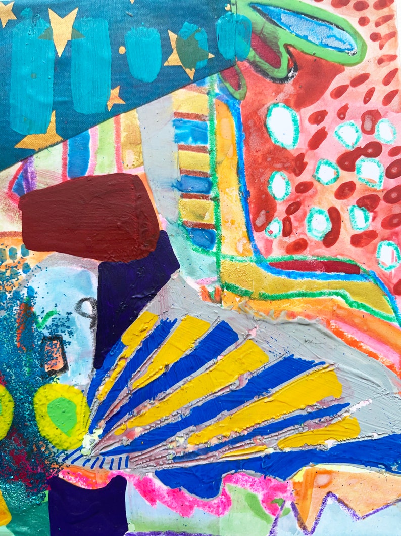 May include: Abstract painting with a colorful, layered, and textured style. The painting features a variety of shapes, lines, and colors, including blue, yellow, red, green, and white. The painting is created with a variety of mediums, including paint, glitter, and collage.
