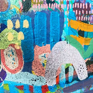 Samtida abstrakt expressionistisk målning, blandteknik collagekonstverk, botanisk väggkonst, original blandteknik assemblagekonst bild 4