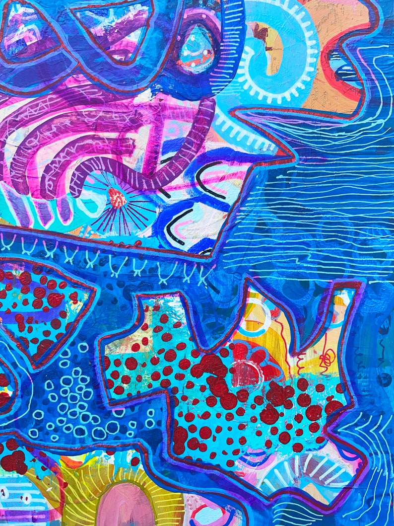 K&ouml;nnte beinhalten: Abstraktes Gem&auml;lde mit blauem Hintergrund und bunten Formen, Linien und Punkten. Das Gem&auml;lde zeigt eine Vielzahl von Farben, darunter Blau, Lila, Rosa, Rot, Gelb und Wei&szlig;.