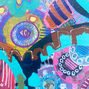 May include: Abstract painting with a colorful, whimsical design. The painting features a variety of shapes, including circles, stripes, and dots. The colors are bright and vibrant, including pink, blue, yellow, green, and brown.
