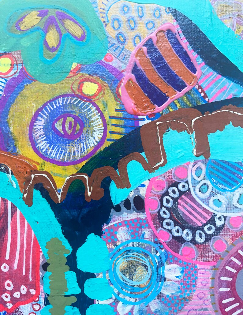 May include: Abstract painting with a colorful, whimsical design. The painting features a variety of shapes, including circles, stripes, and dots. The colors are bright and vibrant, including pink, blue, yellow, green, and brown.