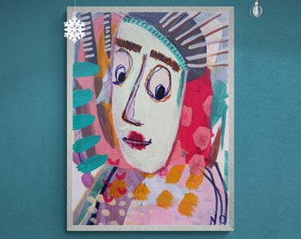 Puede incluir: Pintura abstracta de una cara con colores rosa, azul, verde y amarillo. La cara tiene ojos grandes y una boca roja. El fondo es una mezcla de colores y patrones.