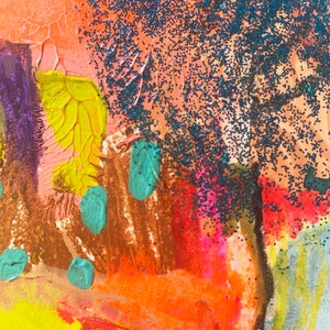 May include: Abstract painting with bright colors and textures. The painting features a mix of yellow, orange, red, pink, brown, blue, and green. The painting has a textured surface with glitter accents.