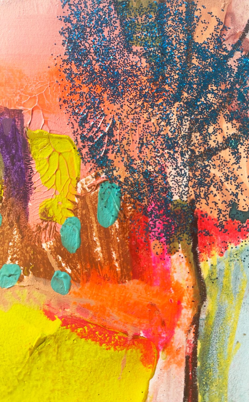 May include: Abstract painting with bright colors and textures. The painting features a mix of yellow, orange, red, pink, brown, blue, and green. The painting has a textured surface with glitter accents.