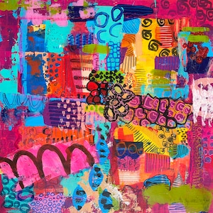 Modern Sprookje, Mixed Media Abstract on Wood, Vibrant Color Wall Art, Whimsical Abstraction, Original Painting, Doodling Art image 2