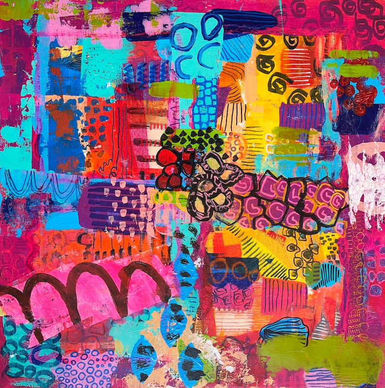 Modern Sprookje, Mixed Media Abstract on Wood, Vibrant Color Wall Art, Whimsical Abstraction, Original Painting, Doodling Art image 2