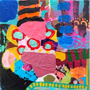 Peut inclure: Peinture abstraite avec un design color&eacute; et superpos&eacute;. La peinture pr&eacute;sente une vari&eacute;t&eacute; de formes et de couleurs, notamment le rose, le bleu, le jaune, le vert et l'orange. La peinture est r&eacute;alis&eacute;e avec une peinture &eacute;paisse et textur&eacute;e.
