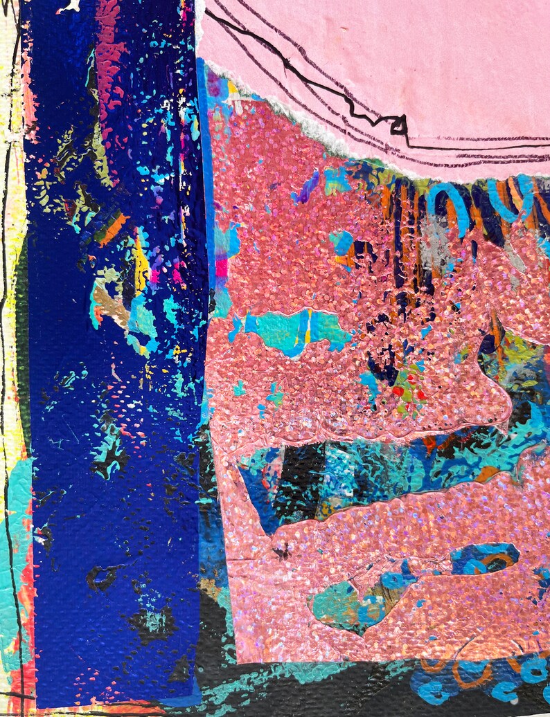 May include: Abstract mixed media artwork with a vibrant colour palette. The composition features layered textures in shades of pink, blue, and black. The artwork incorporates torn paper and glitter, creating a dynamic and textured surface.