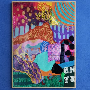 May include: Abstract painting with a colorful, layered design. The painting features a mix of geometric shapes, swirls, and lines in shades of red, orange, yellow, green, blue, purple, and black. The painting is framed in a wooden frame.
