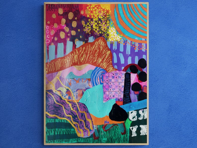 May include: Abstract painting with a colorful, layered design. The painting features a mix of geometric shapes, swirls, and lines in shades of red, orange, yellow, green, blue, purple, and black. The painting is framed in a wooden frame.