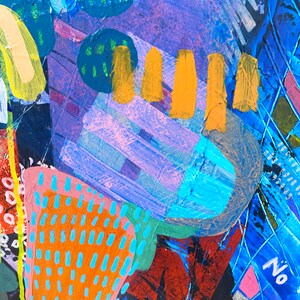 Samtida abstrakt expressionistisk målning, blandteknik collagekonstverk, botanisk väggkonst, original blandteknik assemblagekonst bild 8