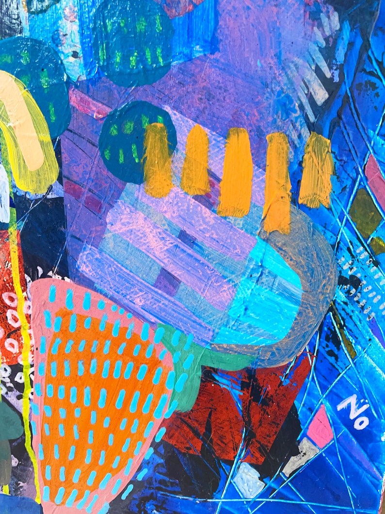 Samtida abstrakt expressionistisk målning, blandteknik collagekonstverk, botanisk väggkonst, original blandteknik assemblagekonst bild 8
