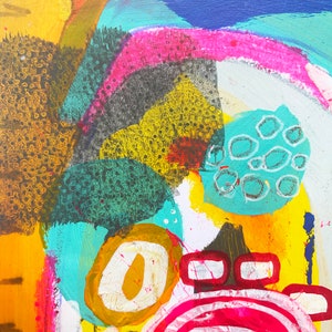 May include: Abstract painting with bright colors, including yellow, blue, green, pink, and red. The painting features a variety of shapes and textures, including circles, dots, and lines.