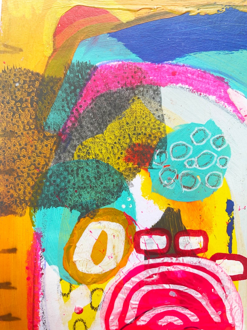 May include: Abstract painting with bright colors, including yellow, blue, green, pink, and red. The painting features a variety of shapes and textures, including circles, dots, and lines.