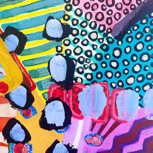 May include: Abstract painting with a colorful, geometric design. The painting features a variety of shapes, including circles, squares, and triangles. The colors are bright and vibrant, including yellow, red, blue, green, and purple.