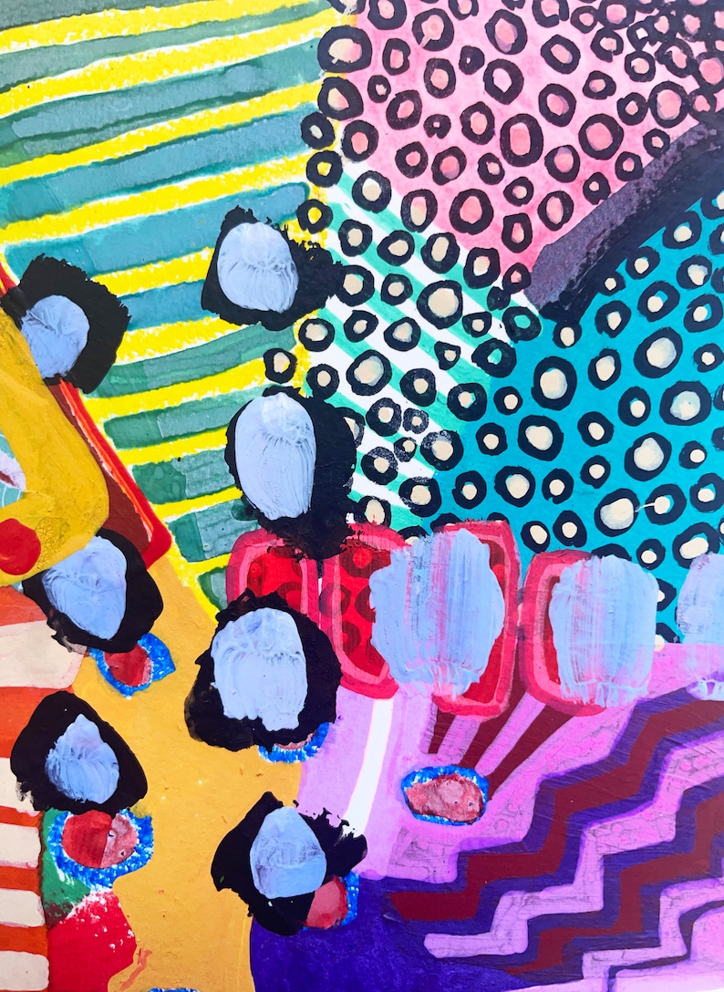 May include: Abstract painting with a colorful, geometric design. The painting features a variety of shapes, including circles, squares, and triangles. The colors are bright and vibrant, including yellow, red, blue, green, and purple.