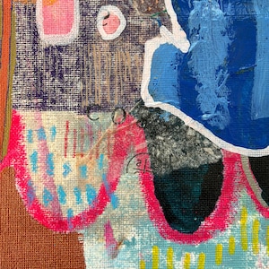 May include: An abstract painting on canvas featuring layered textures and bold colors. The composition includes a large blue shape, vibrant pink outlines, yellow dashes, and dark purple sections, all set against a textured brown background.