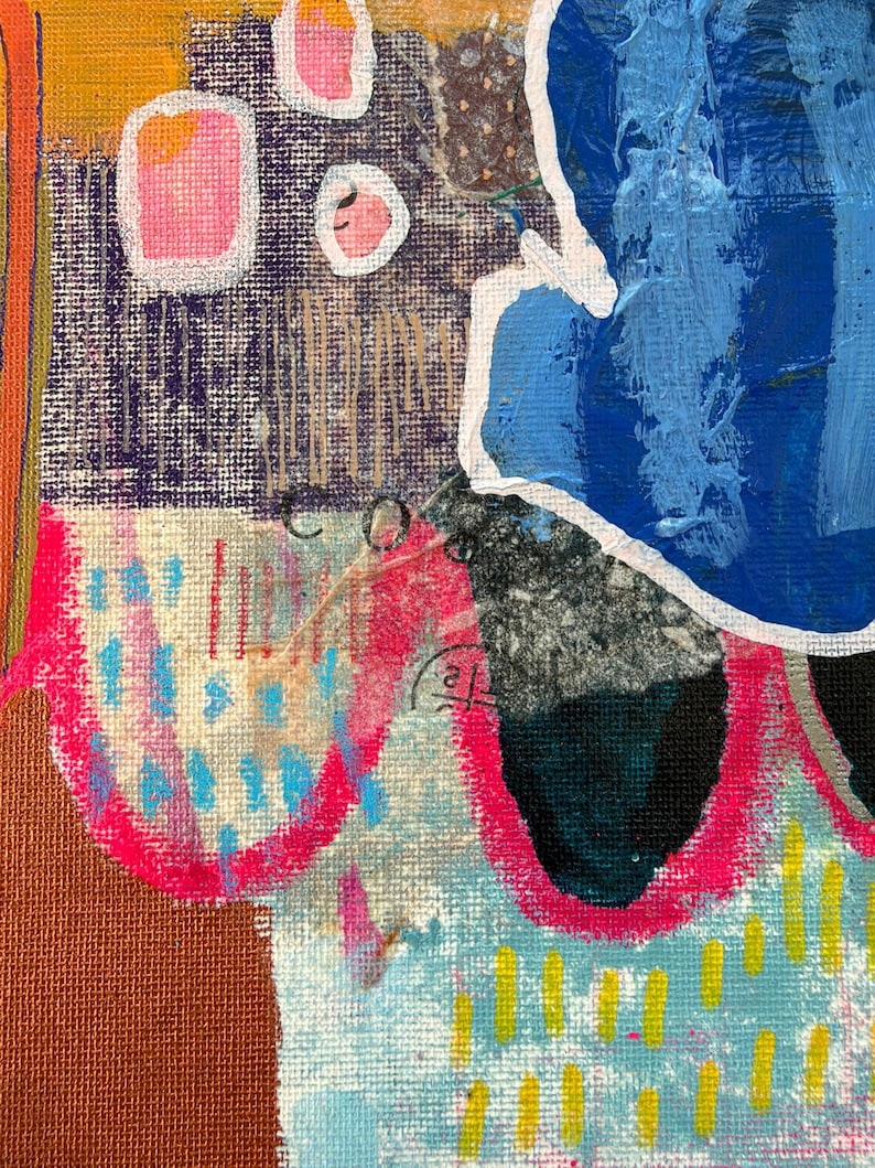 May include: An abstract painting on canvas featuring layered textures and bold colors. The composition includes a large blue shape, vibrant pink outlines, yellow dashes, and dark purple sections, all set against a textured brown background.