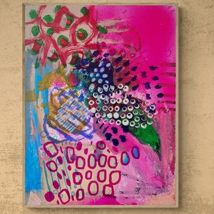 Paysage abstrait original, Art mural expressionniste, Petite œuvre d’art rose fluo, Journal d’art abordable
