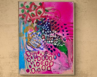 May include: Abstract painting with a pink background and colorful shapes, including circles, squares, and dots. The painting is done in a vibrant style with bold colors.
