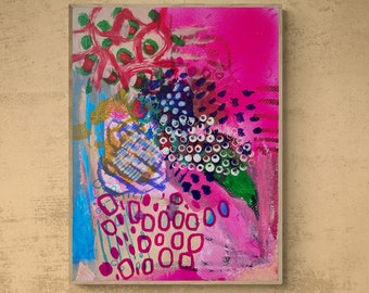 Original Abstract Field Landscape, Expressionist Wall Art , Neon Pink Small Artwork, Affordable Art Journal