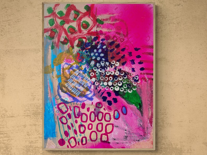 May include: Abstract painting with a pink background and colorful shapes, including circles, squares, and dots. The painting is done in a vibrant style with bold colors.