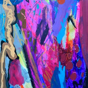 Puede incluir: Pintura abstracta con colores vibrantes, incluyendo rosa, morado, azul y rojo. La pintura tiene una superficie texturizada y un estilo audaz y expresivo. La palabra "NO" est&aacute; escrita en la esquina inferior izquierda.