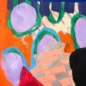Peut inclure: Peinture abstraite avec un motif de grille, des cercles violets, des lignes vertes et bleues, et des formes orange, rouges et noires.