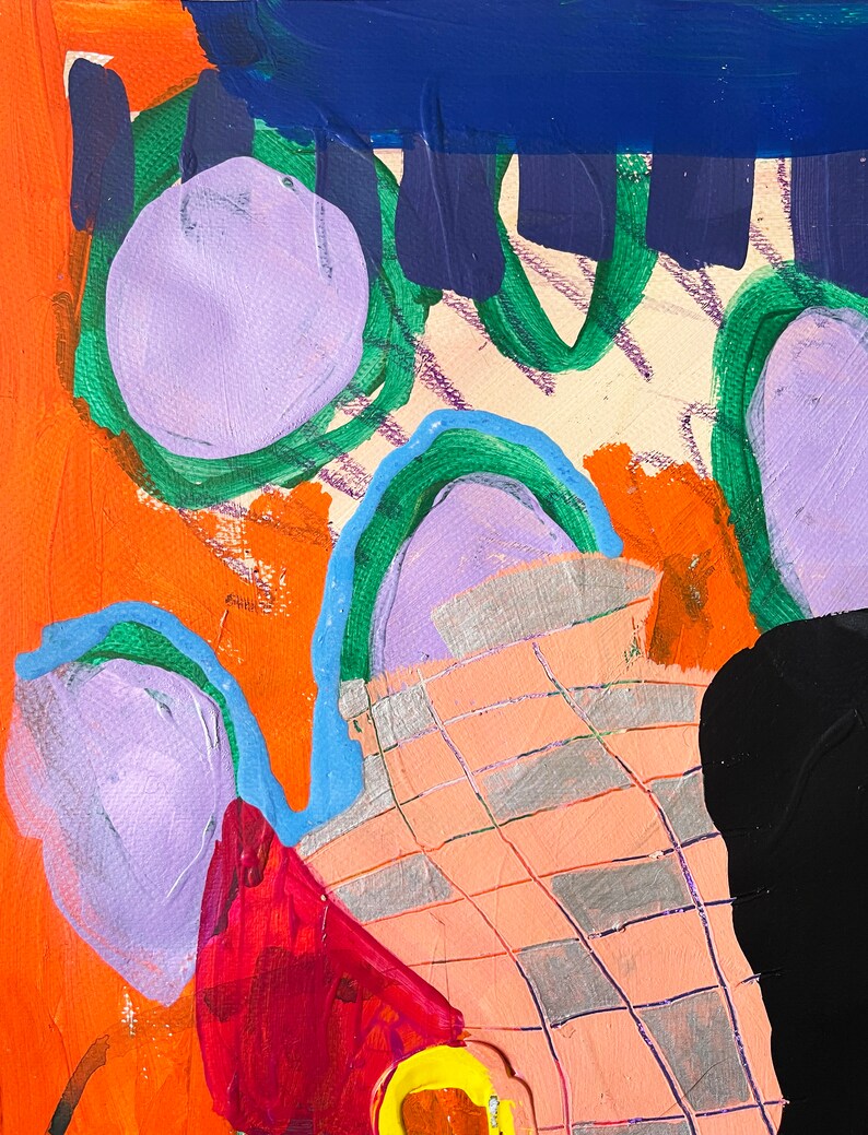Peut inclure: Peinture abstraite avec un motif de grille, des cercles violets, des lignes vertes et bleues, et des formes orange, rouges et noires.