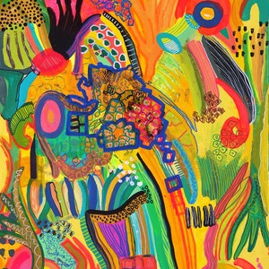 May include: Abstract painting with a vibrant yellow background and colorful shapes, lines, and patterns. The painting features a variety of colors, including red, orange, yellow, green, blue, and purple.