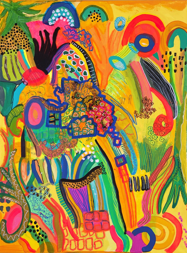 May include: Abstract painting with a vibrant yellow background and colorful shapes, lines, and patterns. The painting features a variety of colors, including red, orange, yellow, green, blue, and purple.