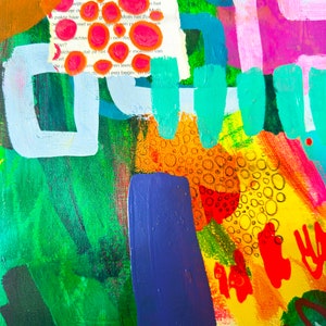 Puede incluir: Una pintura abstracta con trazos audaces de color, incluyendo verde, azul, amarillo, naranja, rojo y rosa. La pintura presenta una variedad de formas y texturas, incluyendo c&iacute;rculos, cuadrados y l&iacute;neas. La pintura recuerda un estilo de arte moderno.