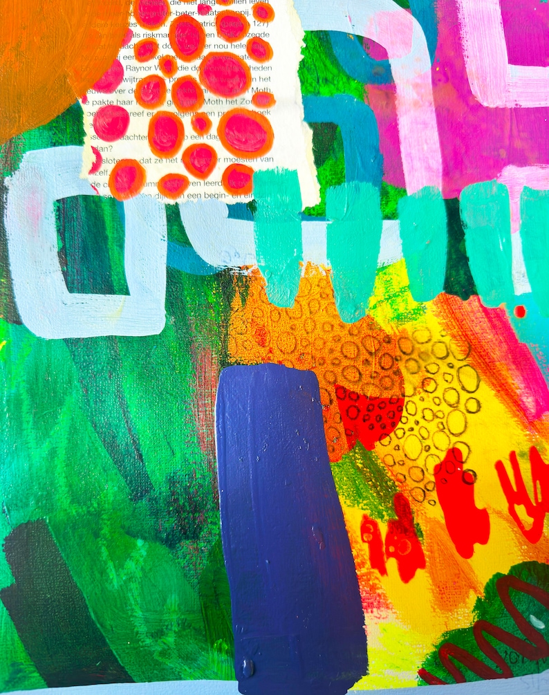 Puede incluir: Una pintura abstracta con trazos audaces de color, incluyendo verde, azul, amarillo, naranja, rojo y rosa. La pintura presenta una variedad de formas y texturas, incluyendo c&iacute;rculos, cuadrados y l&iacute;neas. La pintura recuerda un estilo de arte moderno.