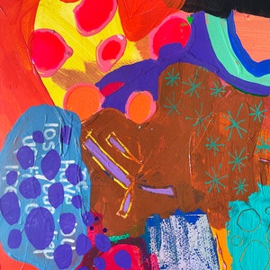 May include: Abstract painting with a colorful, layered design. The painting features a variety of shapes and colors, including red, orange, yellow, blue, green, and brown. The painting is created with thick, textured paint.