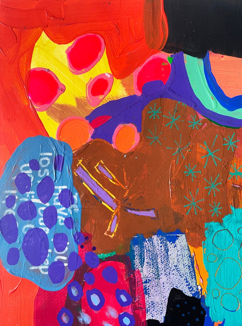 May include: Abstract painting with a colorful, layered design. The painting features a variety of shapes and colors, including red, orange, yellow, blue, green, and brown. The painting is created with thick, textured paint.