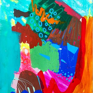 May include: Abstract painting with bold strokes of orange, red, green, blue, and brown. The painting has a dynamic composition with overlapping shapes and textures.