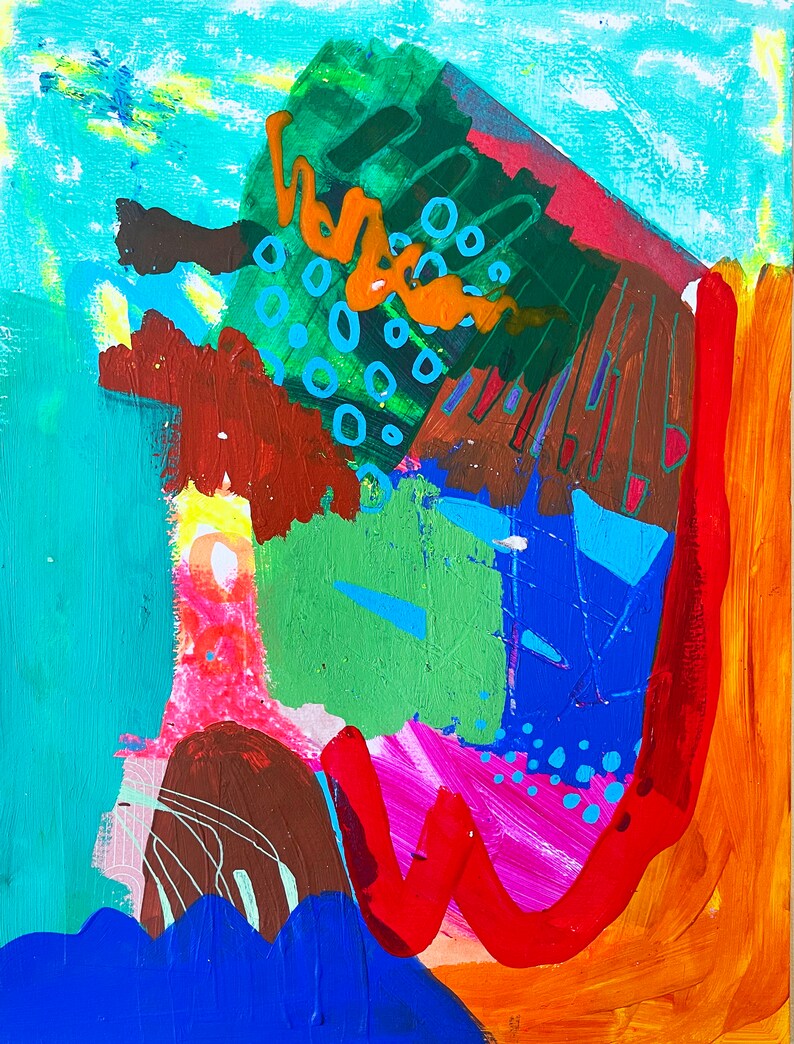 May include: Abstract painting with bold strokes of orange, red, green, blue, and brown. The painting has a dynamic composition with overlapping shapes and textures.