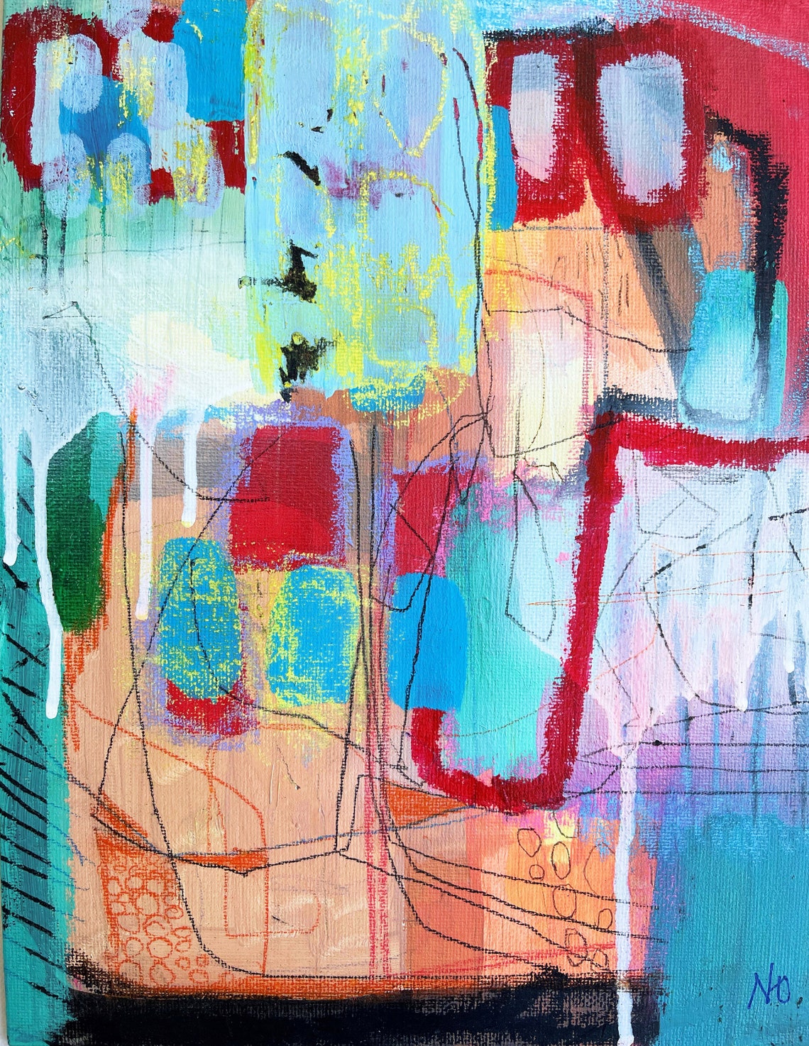 Mixed Media Abstract Wall Art on Board Canvas - Colorful Abstract ...