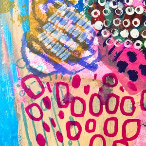 May include: Abstract painting with a mix of pink, blue, yellow, green, and white paint. The painting features a variety of shapes, including circles, squares, and rectangles. The painting has a textured surface.