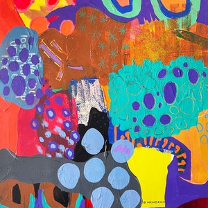 May include: Abstract painting with a colorful, layered design. The painting features a variety of shapes, including circles, squares, and rectangles. The colors used in the painting are bright and vibrant, including red, orange, yellow, green, blue, purple, and black. The painting has a whimsical and playful feel.