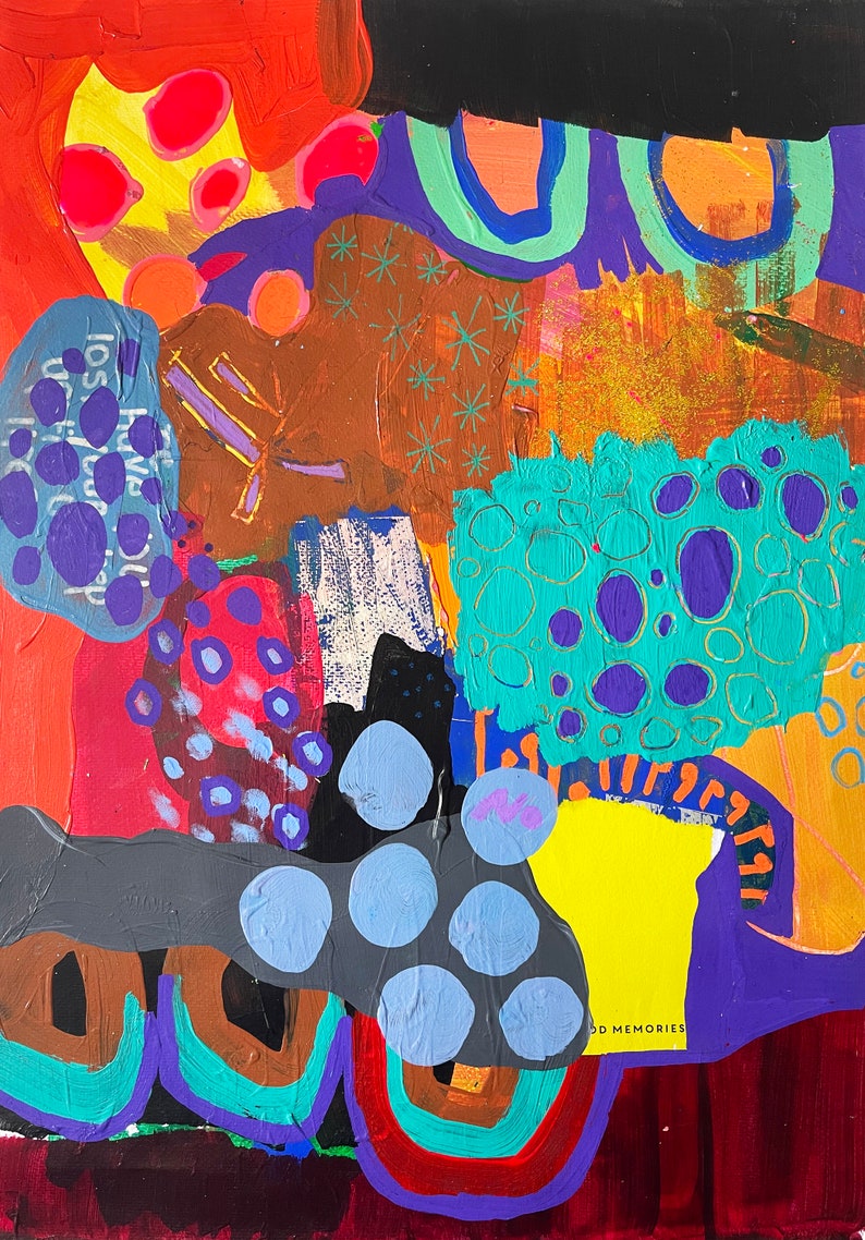 May include: Abstract painting with a colorful, layered design. The painting features a variety of shapes, including circles, squares, and rectangles. The colors used in the painting are bright and vibrant, including red, orange, yellow, green, blue, purple, and black. The painting has a whimsical and playful feel.