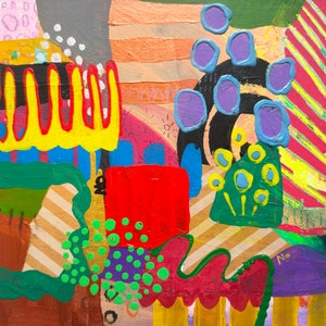 May include: Abstract painting with a colorful, geometric design. The painting features a red square, yellow and blue stripes, and a cluster of purple circles.