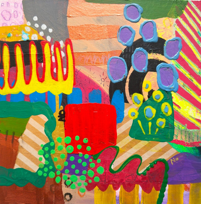 May include: Abstract painting with a colorful, geometric design. The painting features a red square, yellow and blue stripes, and a cluster of purple circles.