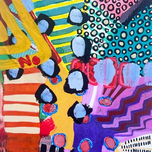 May include: Abstract painting with a mix of colors and patterns. The painting features yellow, green, blue, red, purple, black, and white. The painting has a geometric design with stripes, dots, and zigzags.